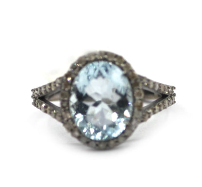 Aquamarine Stone Silver Diamond Ring