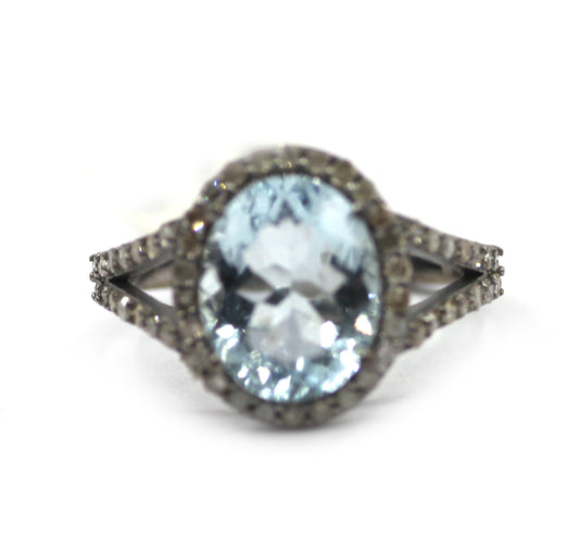 Aquamarine Stone Silver Diamond Ring