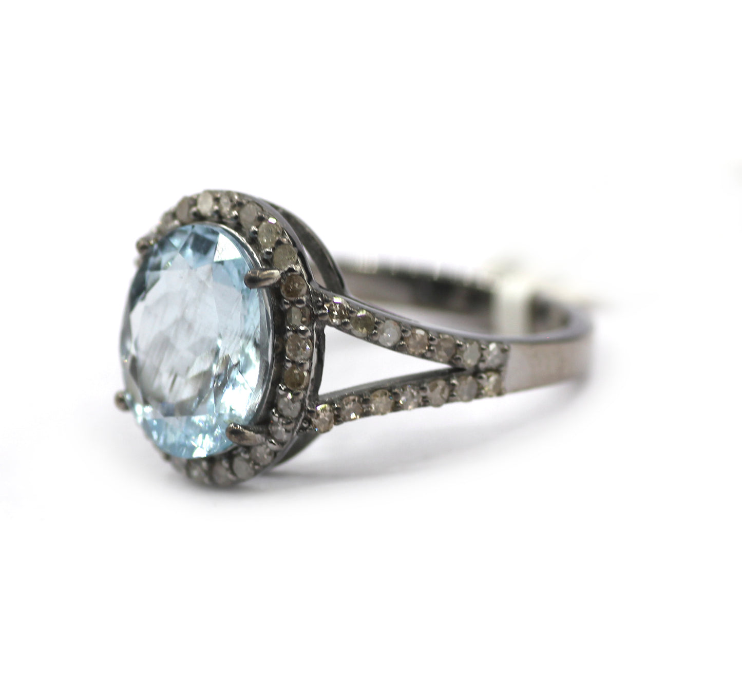 Aquamarine Stone Silver Diamond Ring
