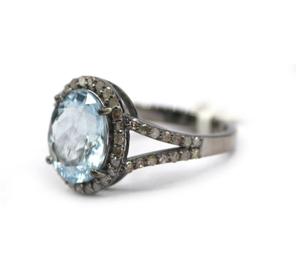 Aquamarine Stone Silver Diamond Ring