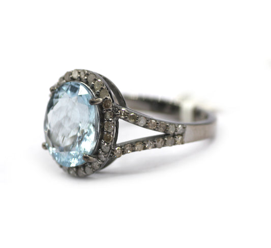 Aquamarine Stone Silver Diamond Ring