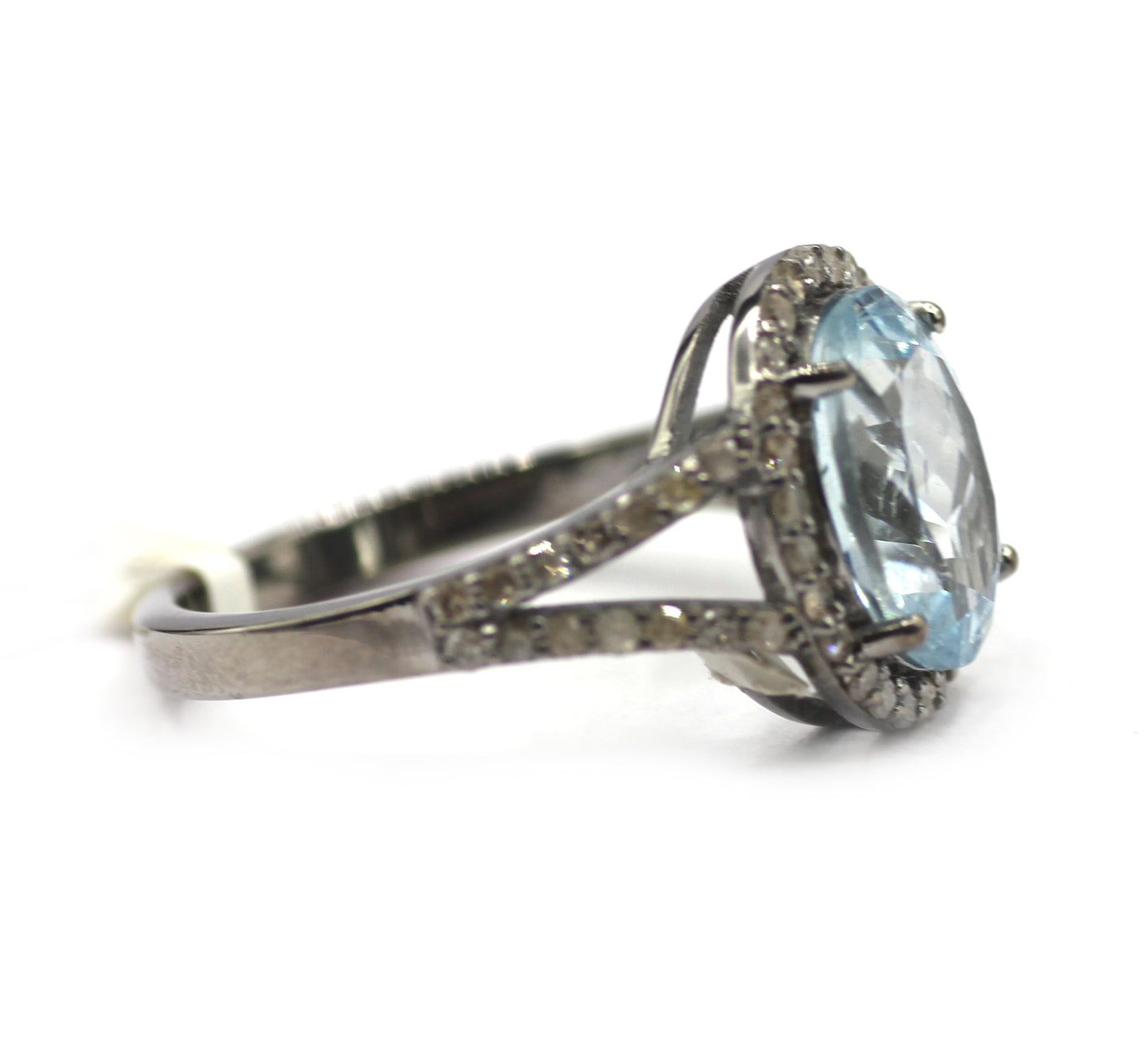 Aquamarine Stone Silver Diamond Ring