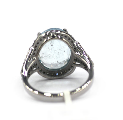 Aquamarine Stone Silver Diamond Ring