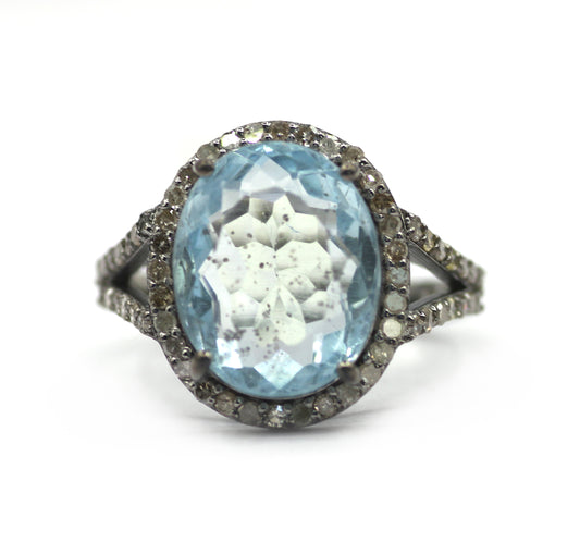 Aquamarine Stone Silver Diamond Ring
