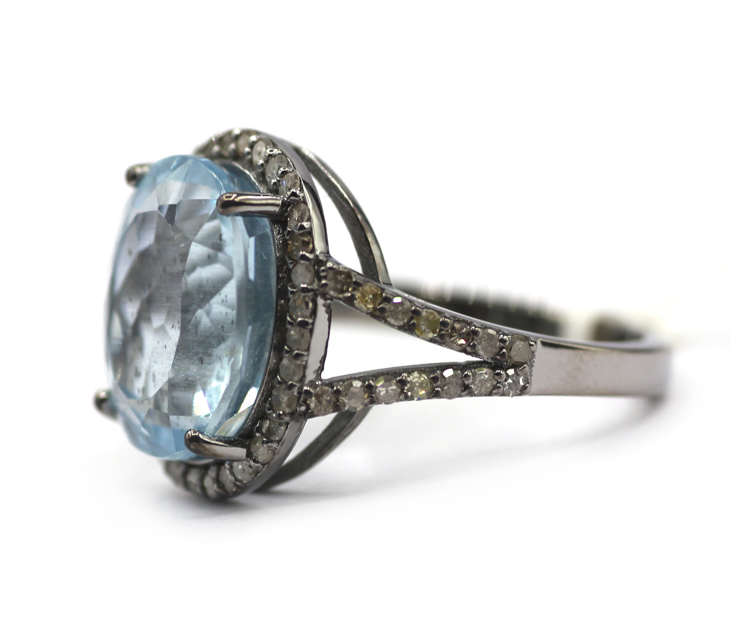 Aquamarine Stone Silver Diamond Ring