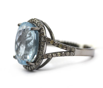 Aquamarine Stone Silver Diamond Ring