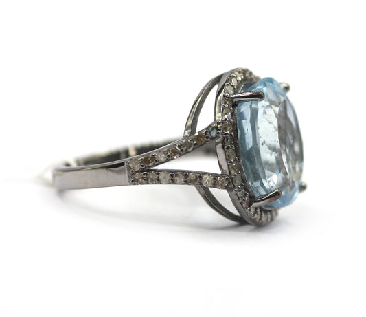 Aquamarine Stone Silver Diamond Ring