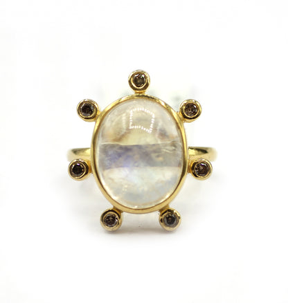 Rainbow Moonstone Silver Diamond Ring