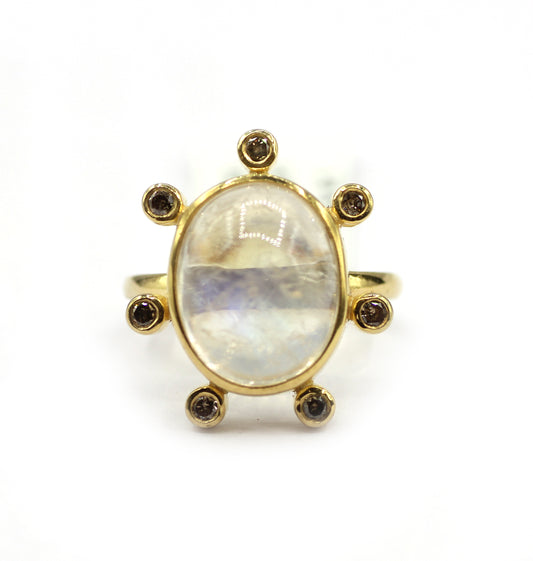 Rainbow Moonstone Silver Diamond Ring