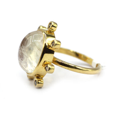 Rainbow Moonstone Silver Diamond Ring