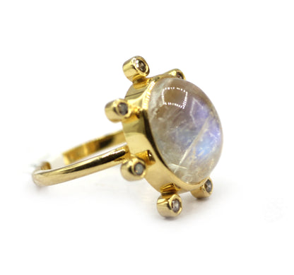 Rainbow Moonstone Silver Diamond Ring
