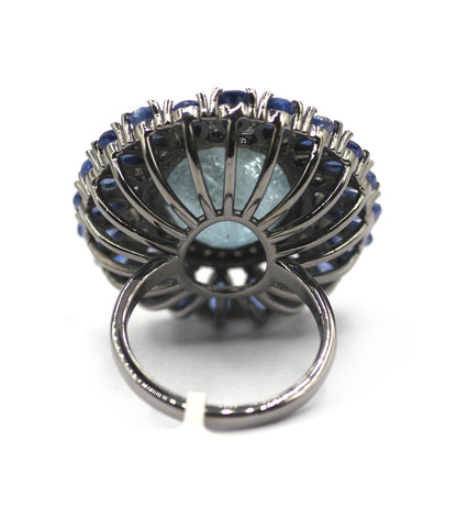 Aquamarine Stone Silver Diamond Ring With Kyanite Stone