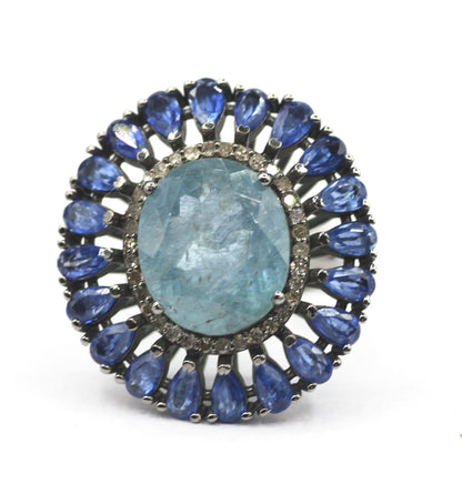 Aquamarine Stone Silver Diamond Ring With Kyanite Stone