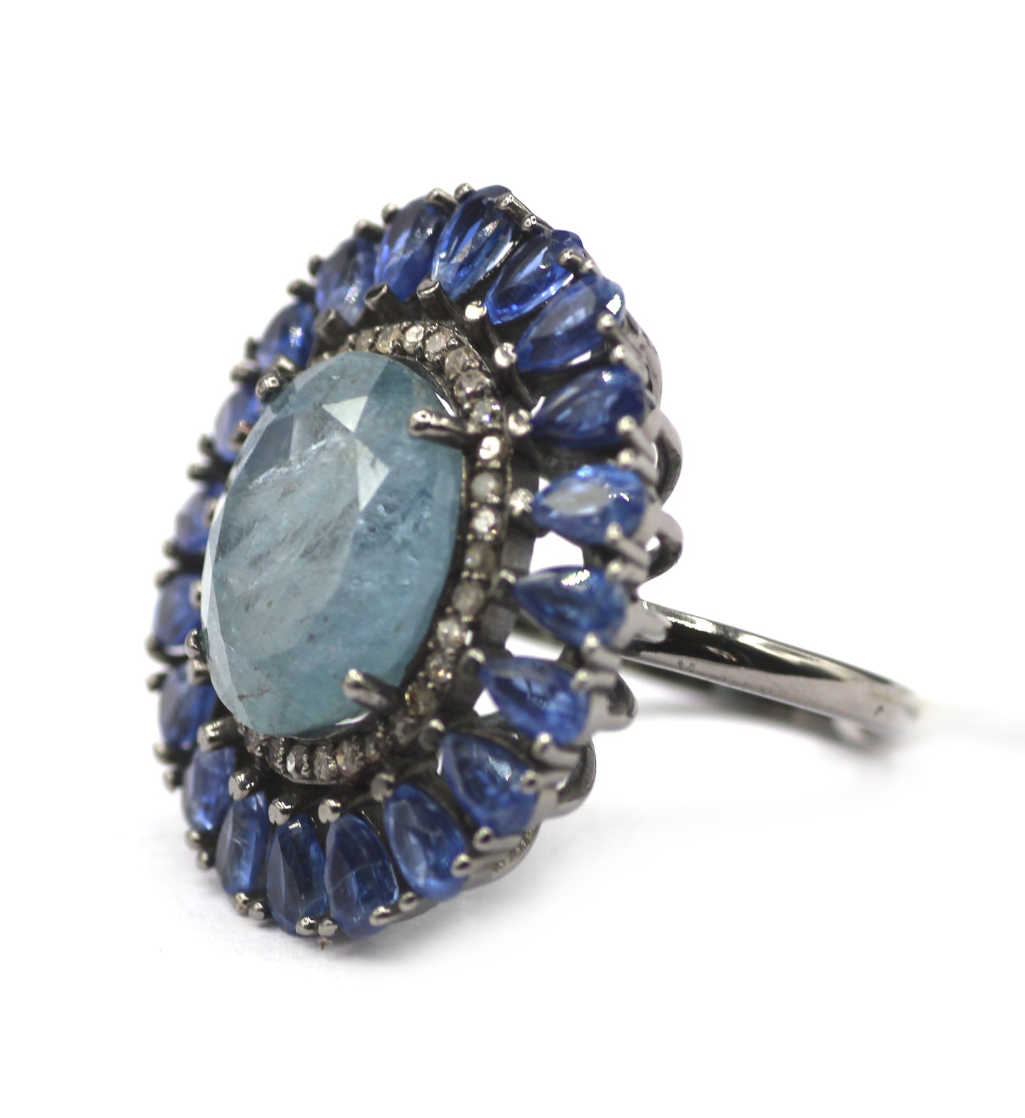Aquamarine Stone Silver Diamond Ring With Kyanite Stone