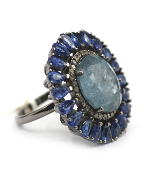 Aquamarine Stone Silver Diamond Ring With Kyanite Stone