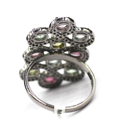 Tourmaline Stone Silver Diamond Ring