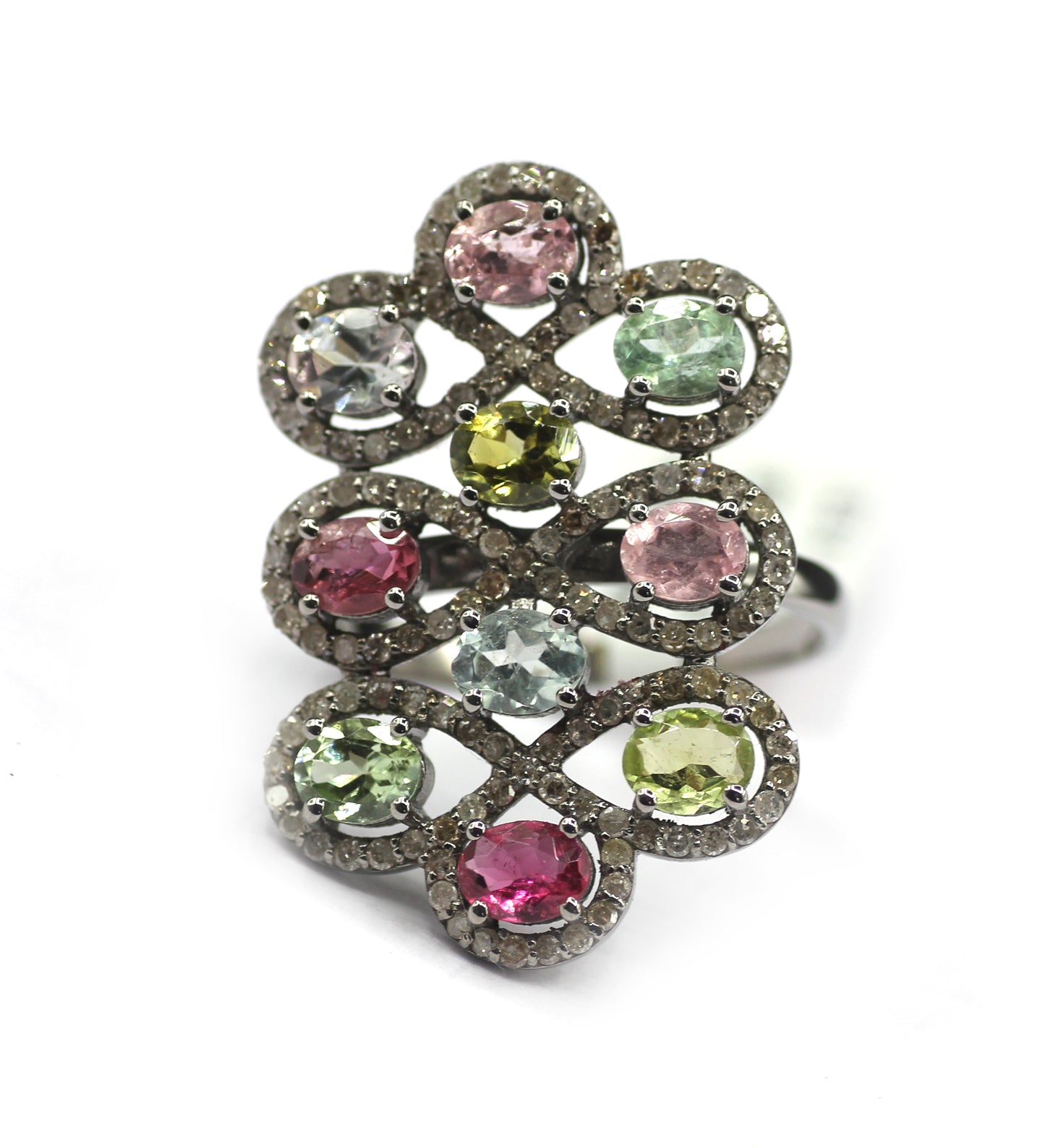 Tourmaline Stone Silver Diamond Ring