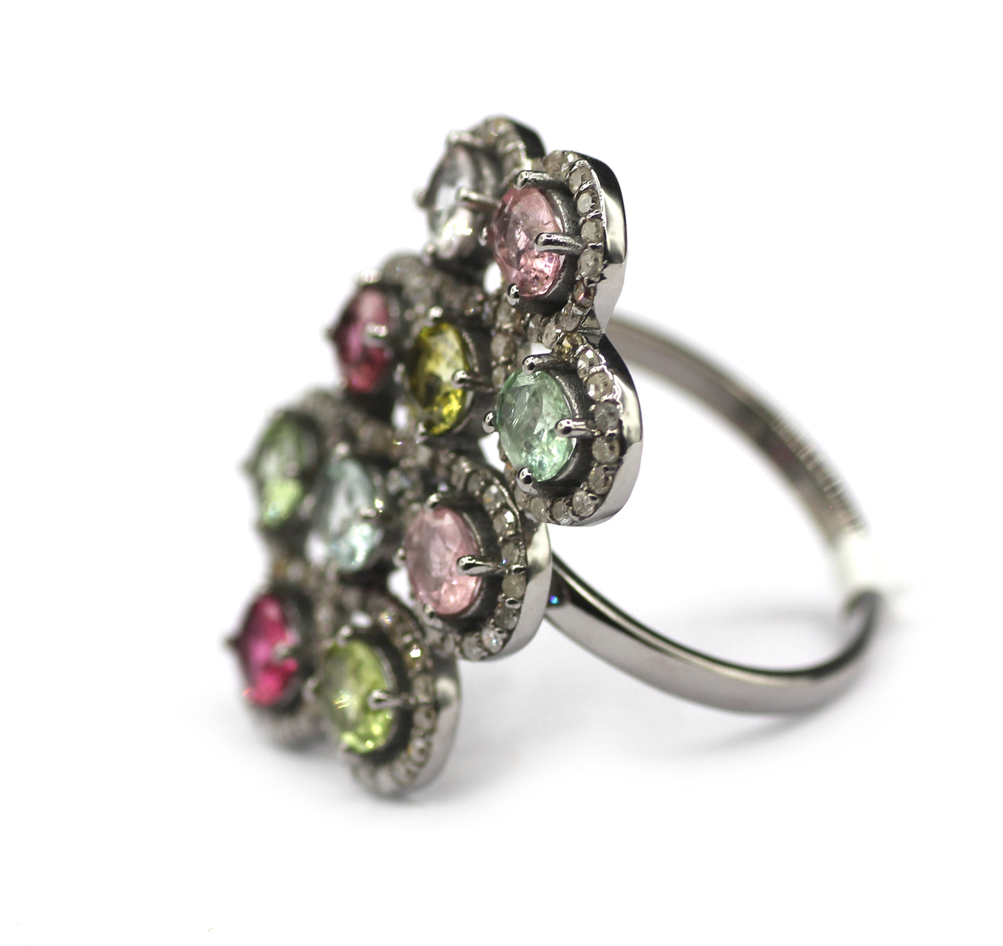 Tourmaline Stone Silver Diamond Ring