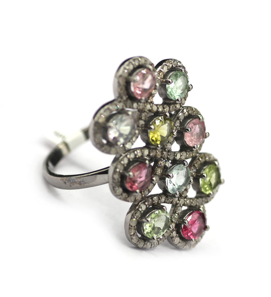 Tourmaline Stone Silver Diamond Ring
