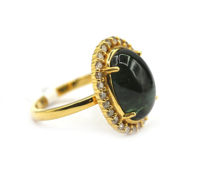 Green Tourmaline Silver Diamond Ring