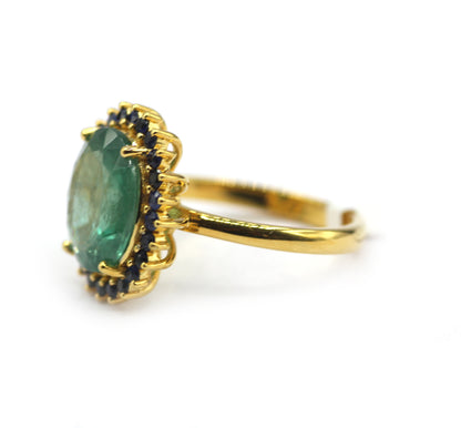 Emerald Silver Ring With Blue Sapphire Stone