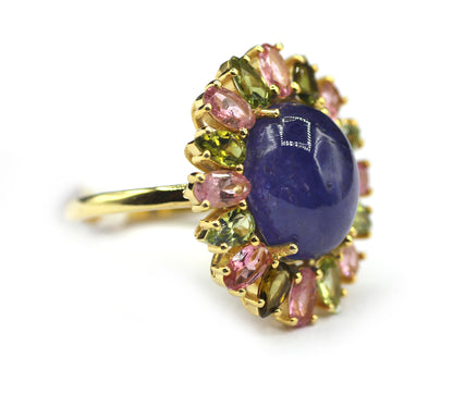 Tanzanite Silver Ring With Tourmaline Stone
