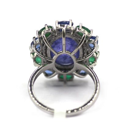 Tanzanite Silver Diamond Ring With Emerald Stone