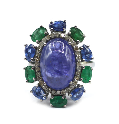 Tanzanite Silver Diamond Ring With Emerald Stone