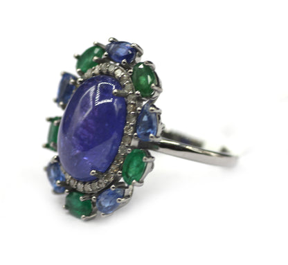 Tanzanite Silver Diamond Ring With Emerald Stone