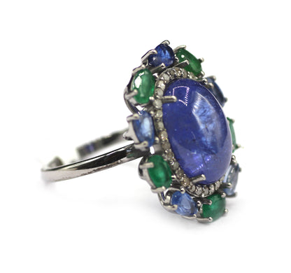 Tanzanite Silver Diamond Ring With Emerald Stone
