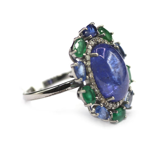 Tanzanite Silver Diamond Ring With Emerald Stone