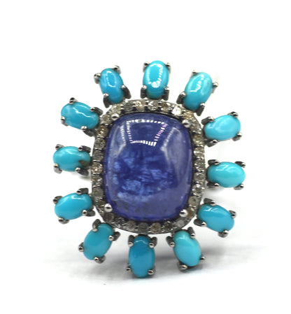 Tanzanite Stone Silver Diamond Ring Turquoise Stone