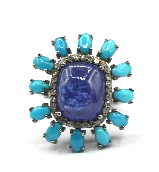 Tanzanite Stone Silver Diamond Ring Turquoise Stone