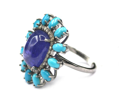 Tanzanite Stone Silver Diamond Ring Turquoise Stone