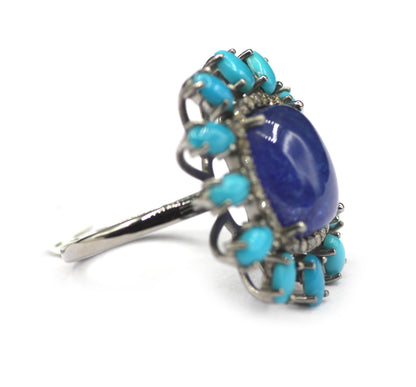 Tanzanite Stone Silver Diamond Ring Turquoise Stone