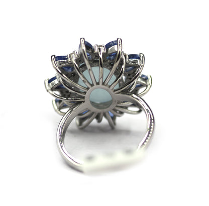 Aquamarine Kyanite Silver Pave Diamond Ring .925 Oxidized Sterling Silver Diamond Ring