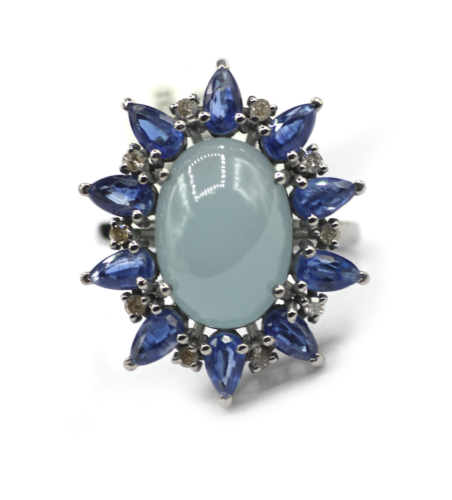 Aquamarine Kyanite Silver Pave Diamond Ring .925 Oxidized Sterling Silver Diamond Ring