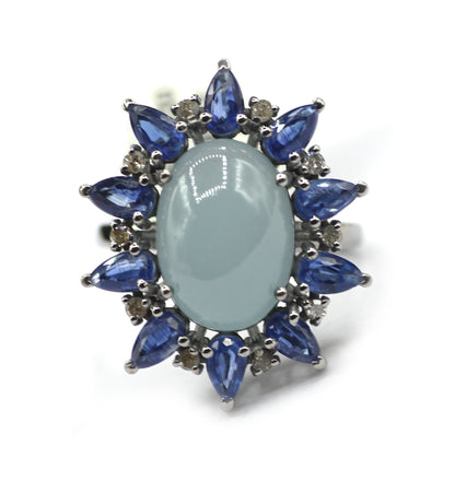Aquamarine Kyanite Silver Pave Diamond Ring .925 Oxidized Sterling Silver Diamond Ring