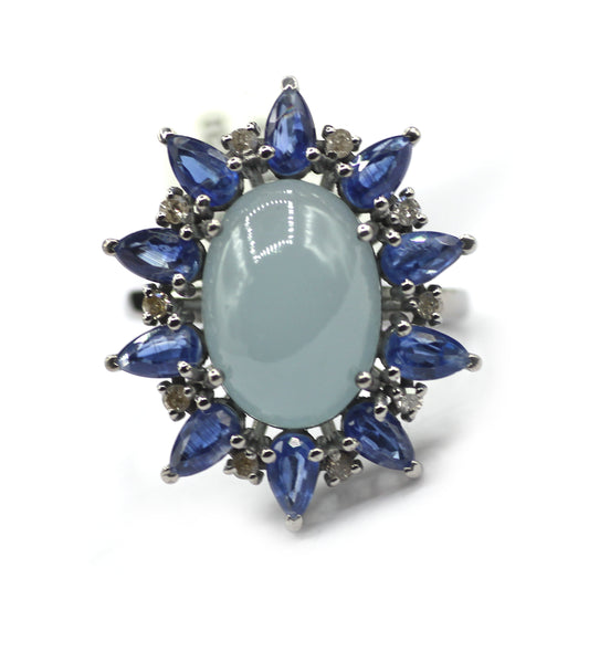 Aquamarine Kyanite Silver Pave Diamond Ring .925 Oxidized Sterling Silver Diamond Ring