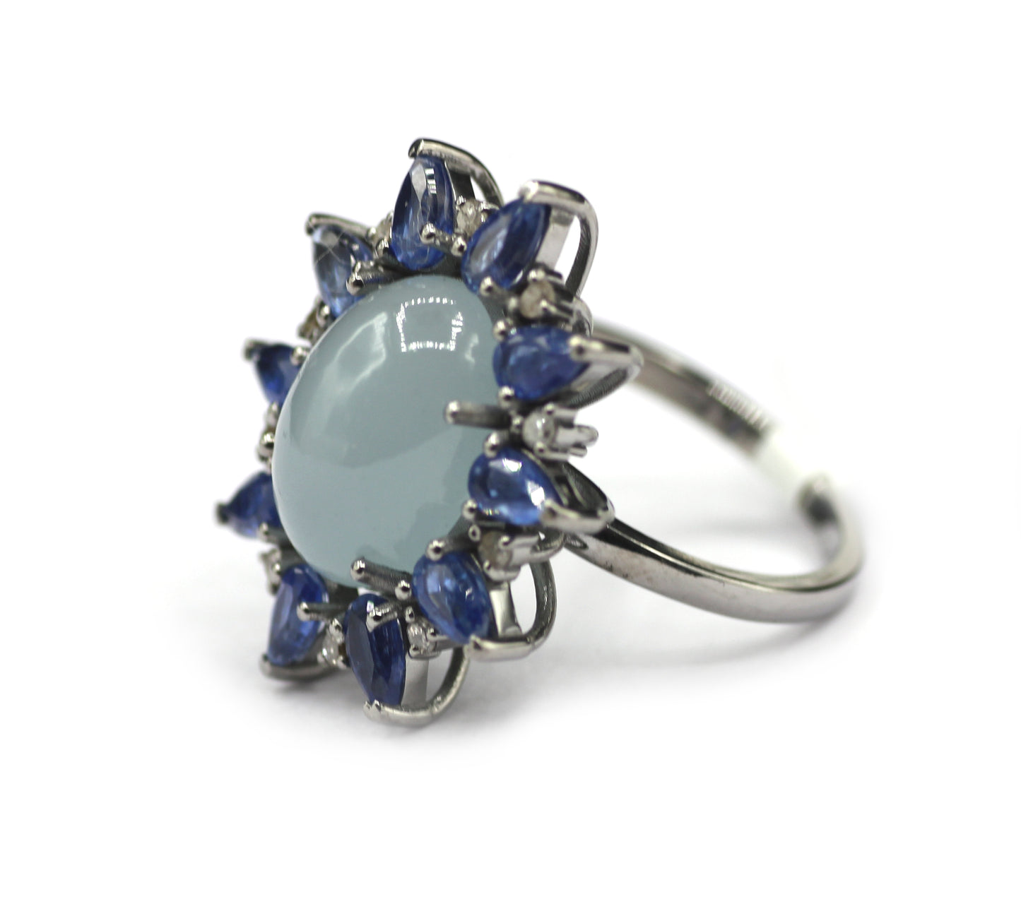 Aquamarine Kyanite Silver Pave Diamond Ring .925 Oxidized Sterling Silver Diamond Ring