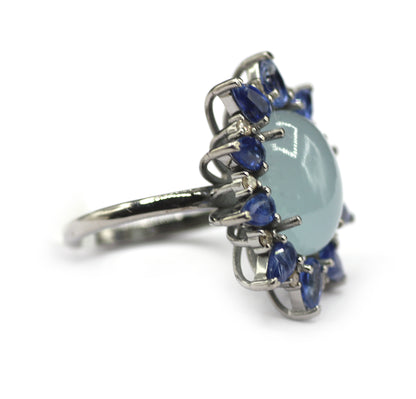 Aquamarine Kyanite Silver Pave Diamond Ring .925 Oxidized Sterling Silver Diamond Ring