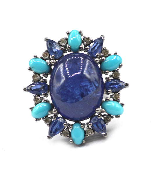 Tanzanite Stone Silver Diamond Ring Turquoise Stone