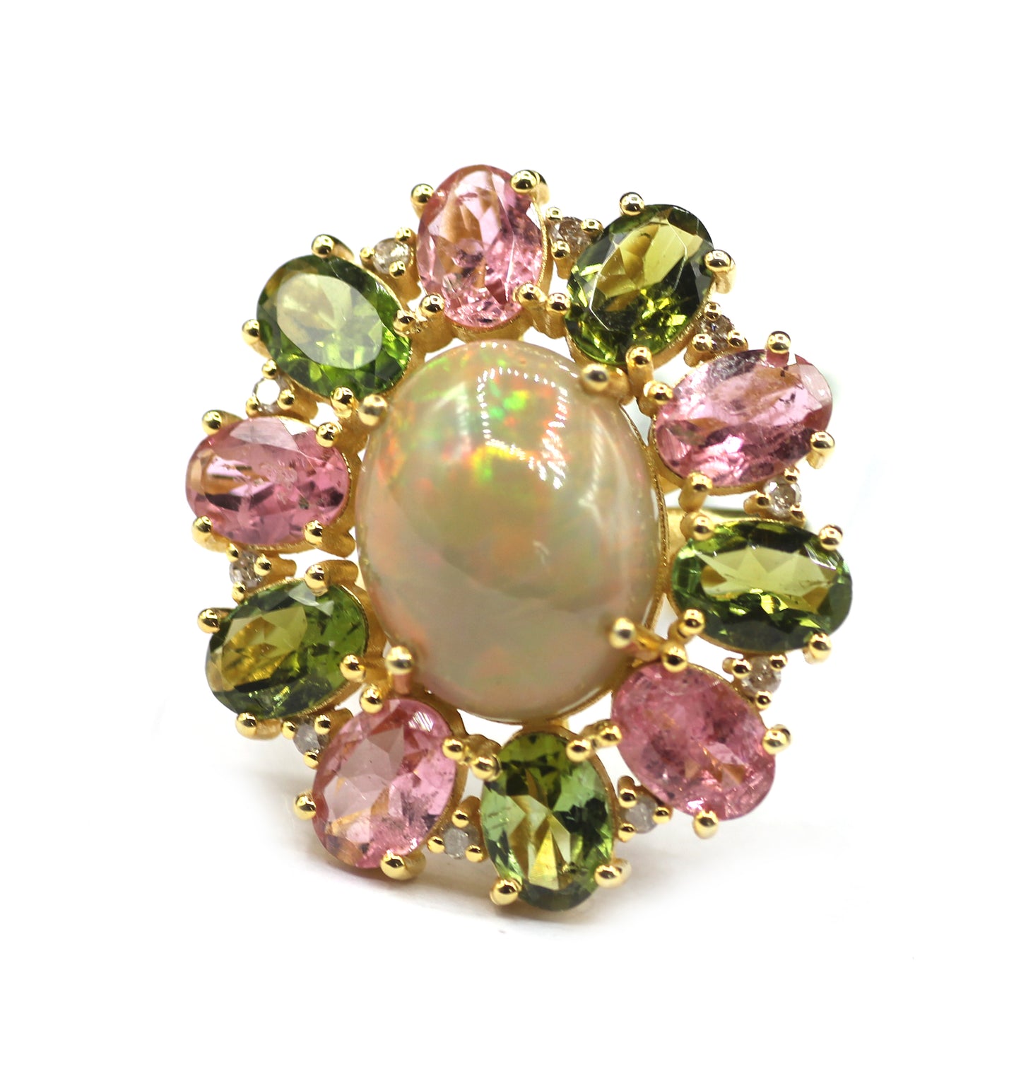 Ethiopian opal Silver Diamond Ring With Tourmaline Stone