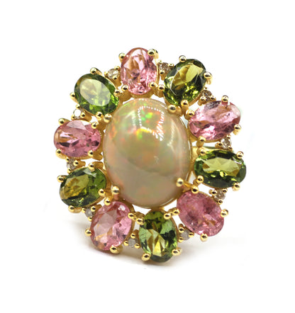 Ethiopian opal Silver Diamond Ring With Tourmaline Stone