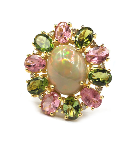 Ethiopian opal Silver Diamond Ring With Tourmaline Stone