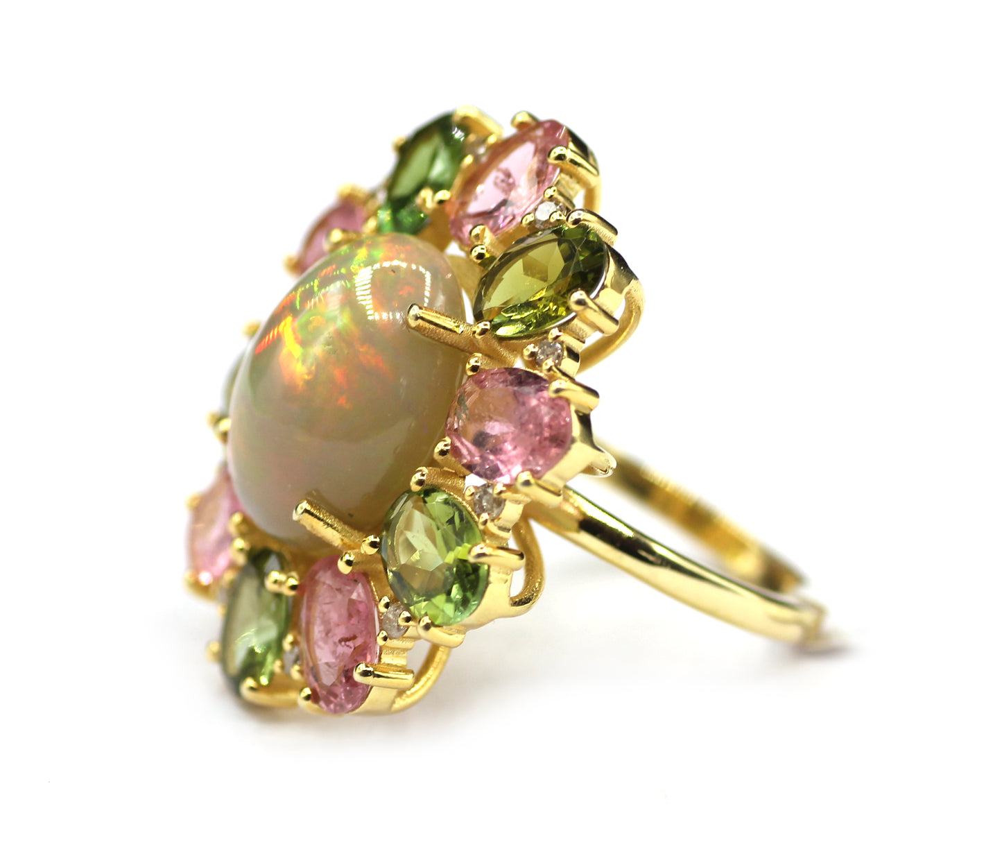 Ethiopian opal Silver Diamond Ring With Tourmaline Stone