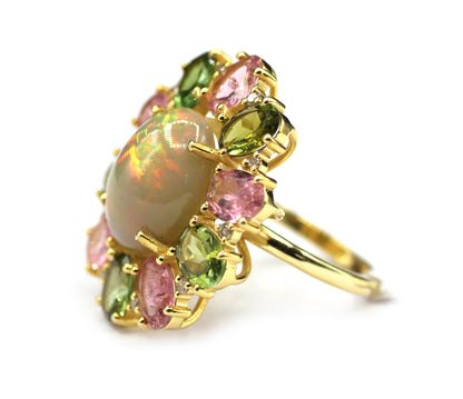 Ethiopian opal Silver Diamond Ring With Tourmaline Stone