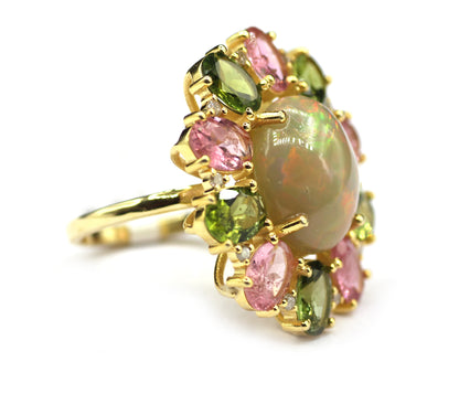 Ethiopian opal Silver Diamond Ring With Tourmaline Stone