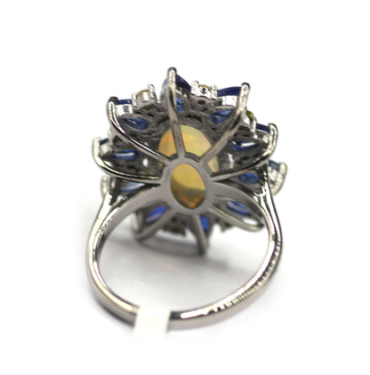 Ethiopian opal Kyanite Silver Pave Diamond Ring .925 Oxidized Sterling Silver Diamond Ring