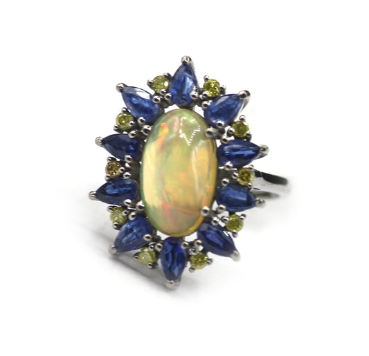 Ethiopian opal Kyanite Silver Pave Diamond Ring .925 Oxidized Sterling Silver Diamond Ring